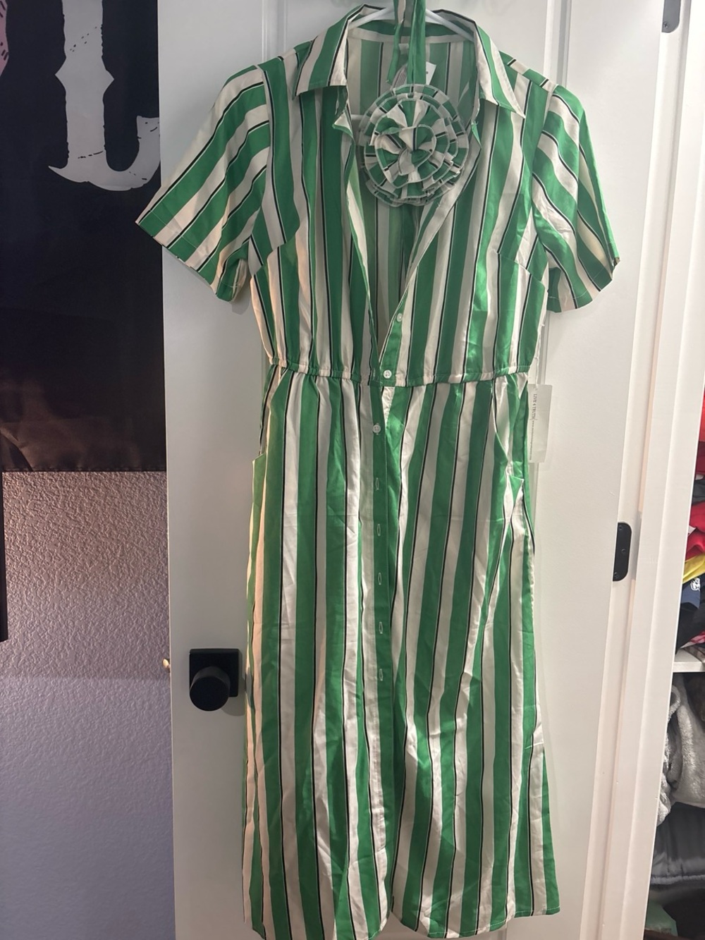 Green and White Striped Shirt Dress